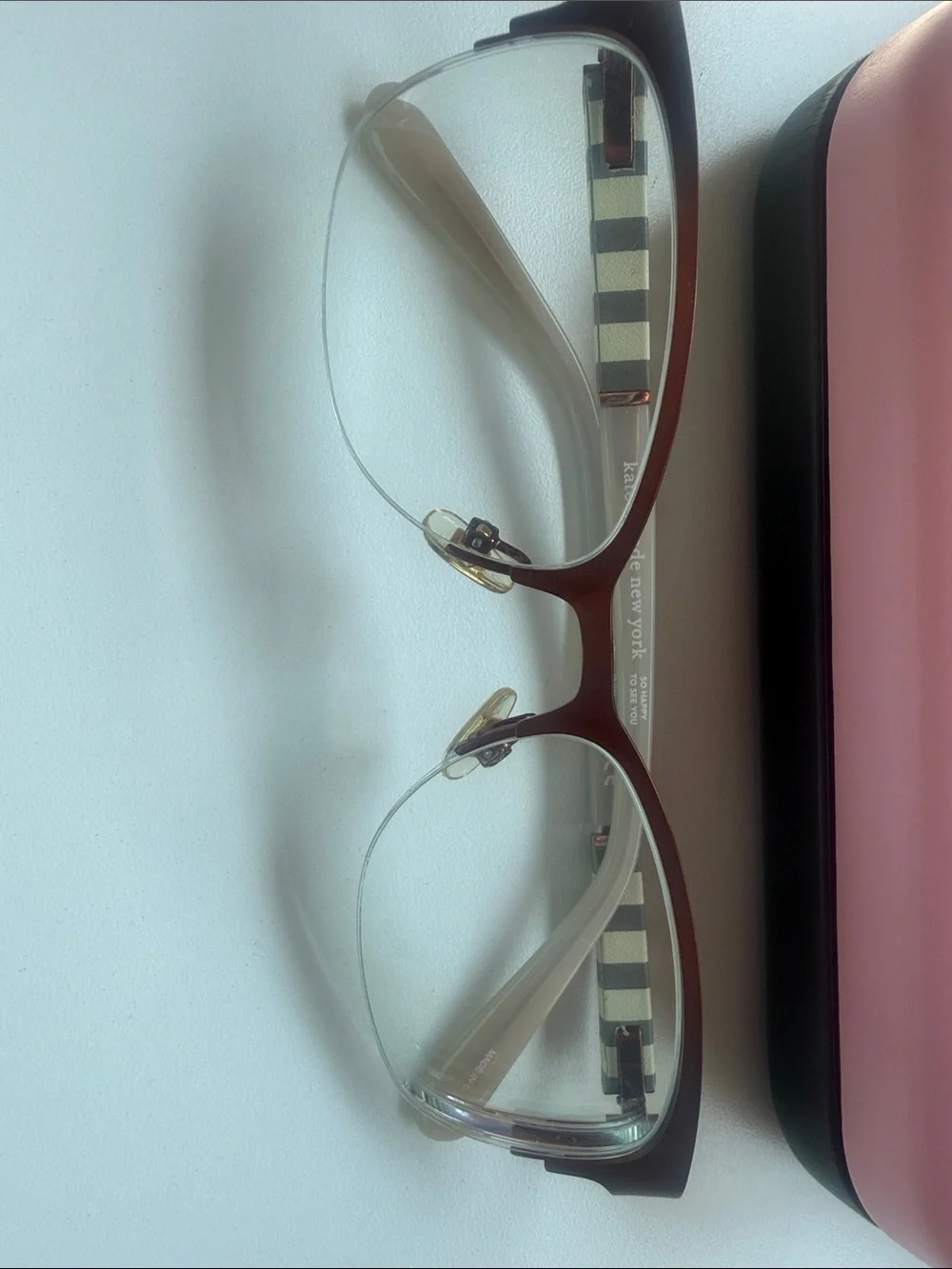 kate spade Pink Eyeglass Case with Brown Rimless Frames